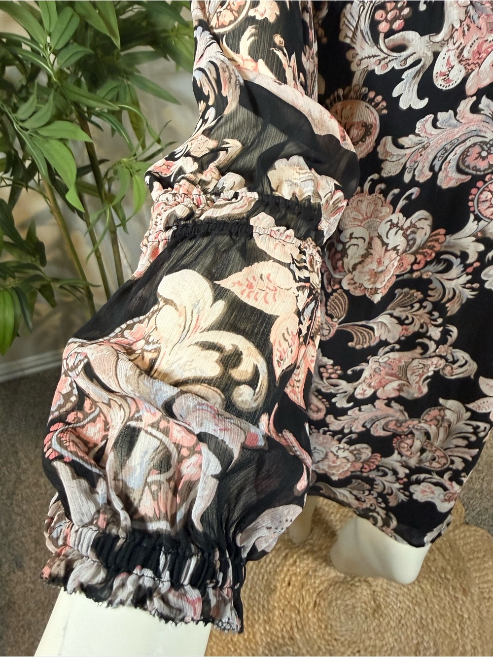 LOFT Black Floral Paisley Pintuck Tie-Neck Mini Dress - Picture 8 of 9